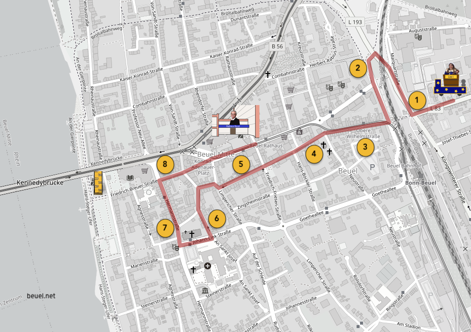 Karte von Beuel mit dem Zugweg und den Kommentatoren-Stellen